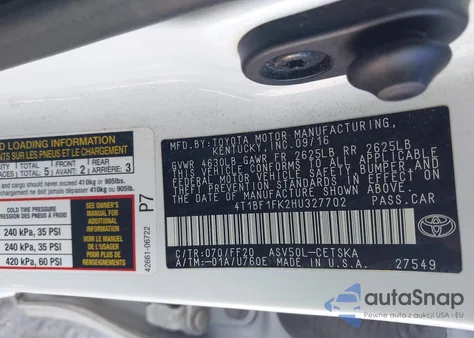 2017 Toyota Camry Se from USA, damaged, VIN 4T1BF1FK2HU327702